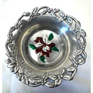 Vintage Pewter Bowl With Enamel Poinsettia Design & Leaf Motif